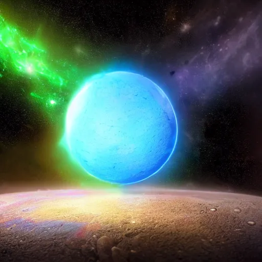 Image similar to magic round neon blue stone capable of destroying the whole multiverse with a distant galaxy in the background, full of detail, smooth, hyper realism, high detail, cinematic, dark