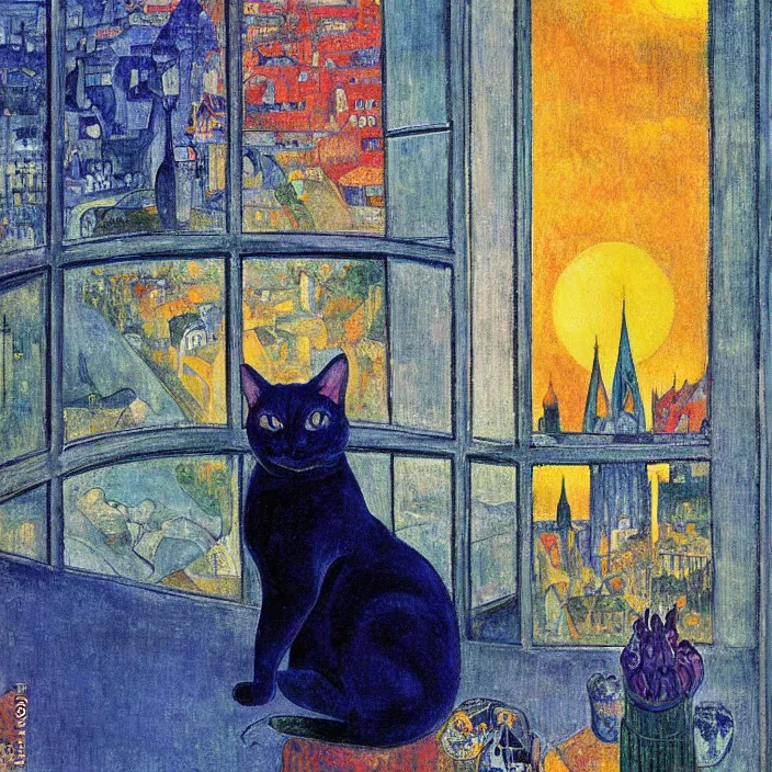 Prompt: dark blue indigo cat sitting in a window, looking at the city with gothic cathedral. sun setting through the clouds, vivid iridescent psychedelic colors. gauguin, agnes pelton, egon schiele, henri de toulouse - lautrec, utamaro, monet