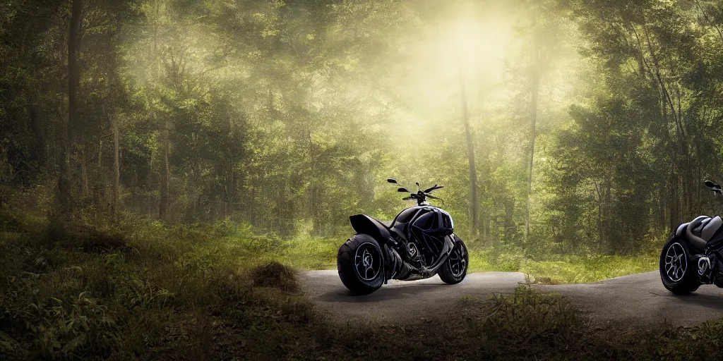 Image similar to portrait of a single ducati diavel in a vast forest landscape in the style of thomas cole, cinematic lighting, raytracing, 8 k, octane render, volumetric, vivid, beautiful, hyperrealism