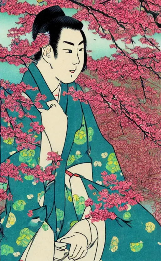 Prompt: by akio watanabe, manga art, colorful maku tend cherry tree, trading card front, kimono, sun in the background