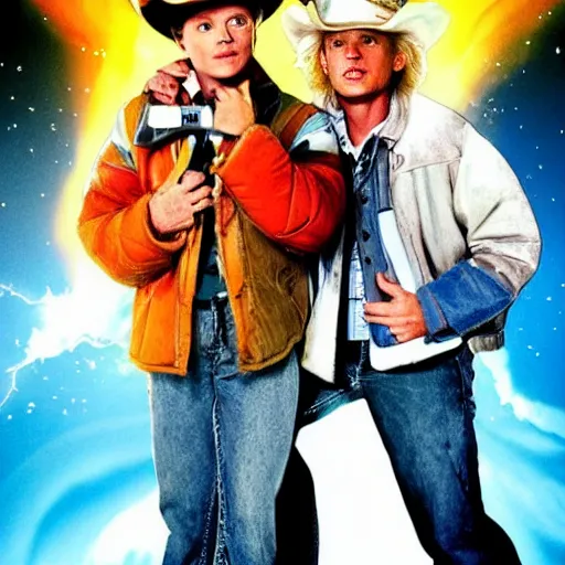 Image similar to BrokeBack to the Future Mountain starring Michael J Fox and Doc Brown