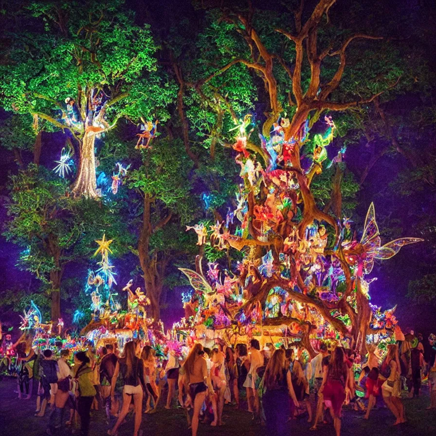 Image similar to a night carnival fairies around a magical tree next to a lake with iridiscent water, christmas lights, volumetric lightning, creatures and fantastic people disguised as fantastic creatures in a magical forest by summer night, masterpieceunderwater scene, masterpiece painted by slim aarons, scene by night