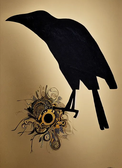 Image similar to crow, award - winning painting, abstract, gold and silver shapes, elegant, luxurious, beautiful, lovecraftian, beksinksi, chiaroscuro