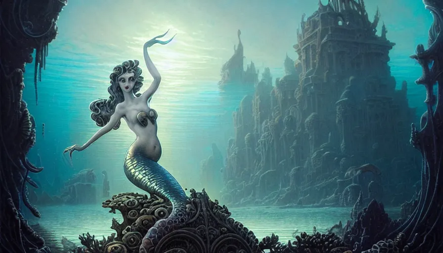 Prompt: a graceful mermaid looking at the sunken city of Atlantis deep under water, stunning undersea intricate detailed grand architecture in the style of Joe Fenton, art style by Greg Rutkowski and Mohrbacher, deep underwater scene, dark and moody, rays of sunlight, faint volumetric god rays, grim crushing atmosphere, trending on artstation, masterpiece, claustrophobic, 8k octane beautifully detailed render, post-processing, extremely hyperdetailed, intricate, epic composition, grim yet sparkling atmosphere, cinematic lighting + masterpiece, trending on artstation, very detailed