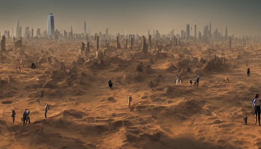 Image similar to new york city under tons of sand, heavy wave, people walking in the desert, hyperdetailed, artstation, cgsociety, 8 k