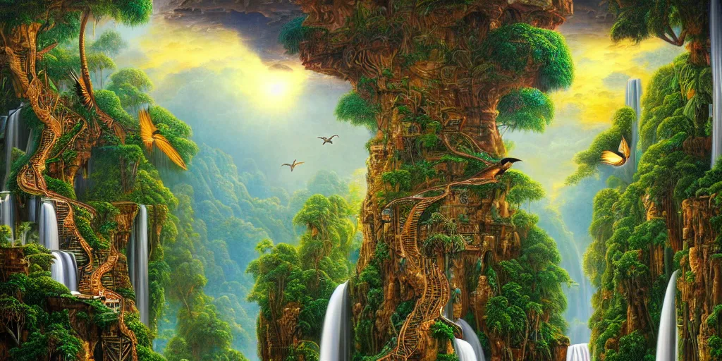 Image similar to visionary art, tropical eastern waterfall valley, with great birds, rich geometry, precise and incredibly highly detailed intricate 8 k wallpaper, john stephens, intricate stunning award winning masterpiece trending on artstation