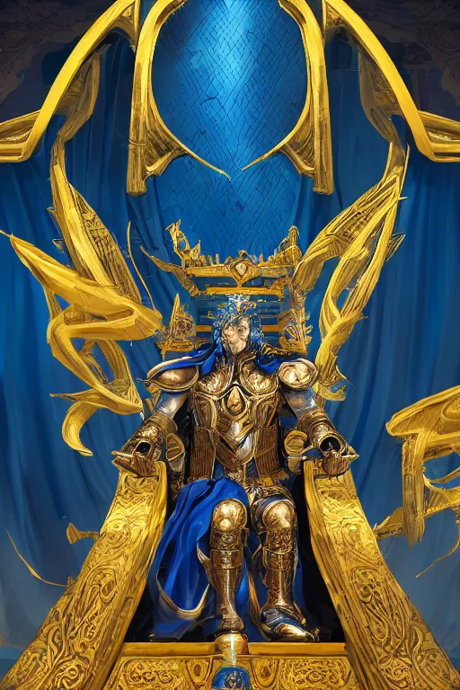 Image similar to Half-length portrait of the azur emperor sitting on its throne. Blue clothing, gold heavy armor. Dramatic, atmospheric lighting, shadows. High fantasy, digital art, HD, 4k, detailed, illustration.
