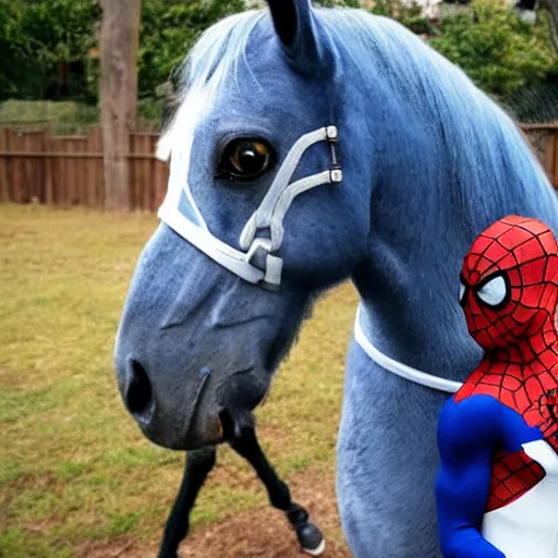 Image similar to a horse dressed as spider man