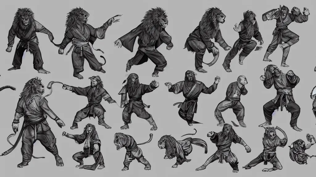 Image similar to a fantasy lion Martial artist person character design sheet, trending on artstation