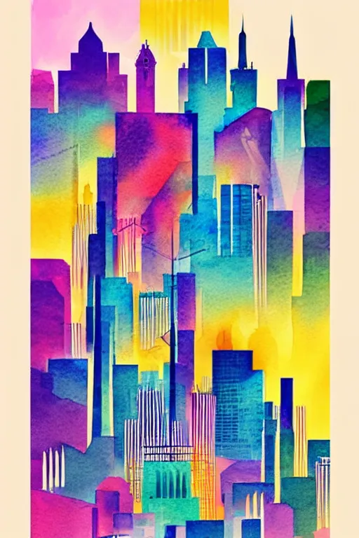 Image similar to minimalist colorful watercolor line art of duabi, art deco, cityscape, matte drawing, poster art