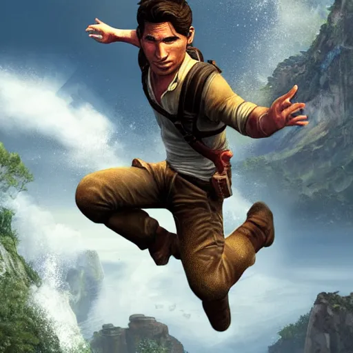 Image similar to young nathan drake jumping off a cliff, highly detailed