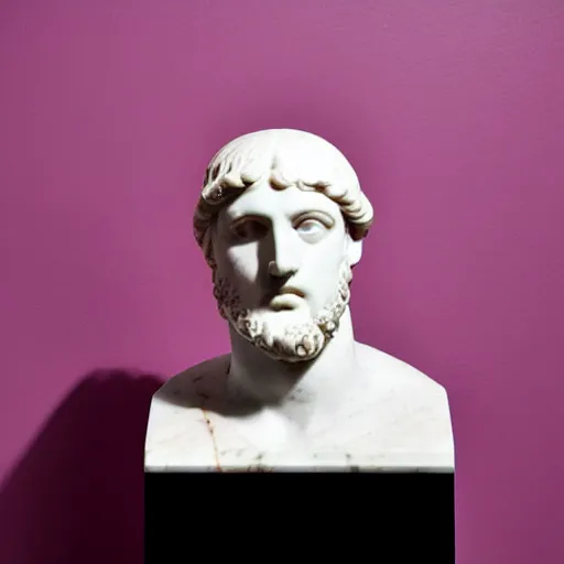 Image similar to a greco - roman marble bust sits on a pink and black checkerboard tile floor, a pink wall in the background with a framed photo of a cityscape at night, trending on bandcamp