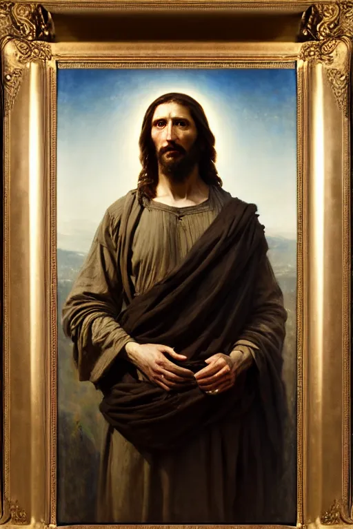 Image similar to photograph imax and solomon joseph solomon and richard schmid and jeremy lipking victorian loose genre loose painting full length portrait painting of jesus