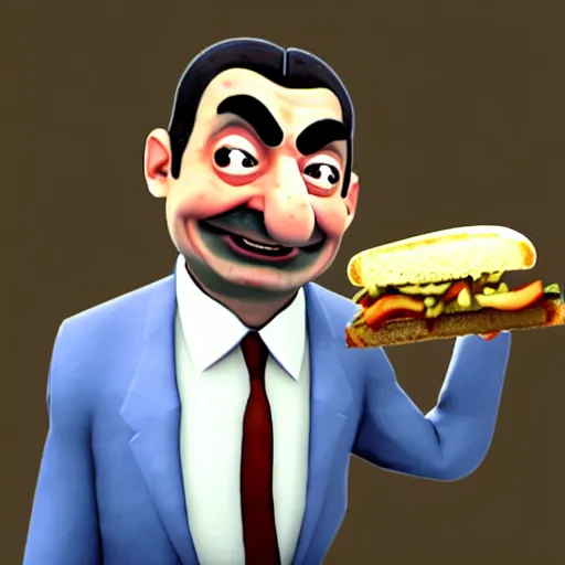 Image similar to mr. bean as heavy n team fortress 2 eating a sandwich. unreal engine, source engine, tf 2, valve