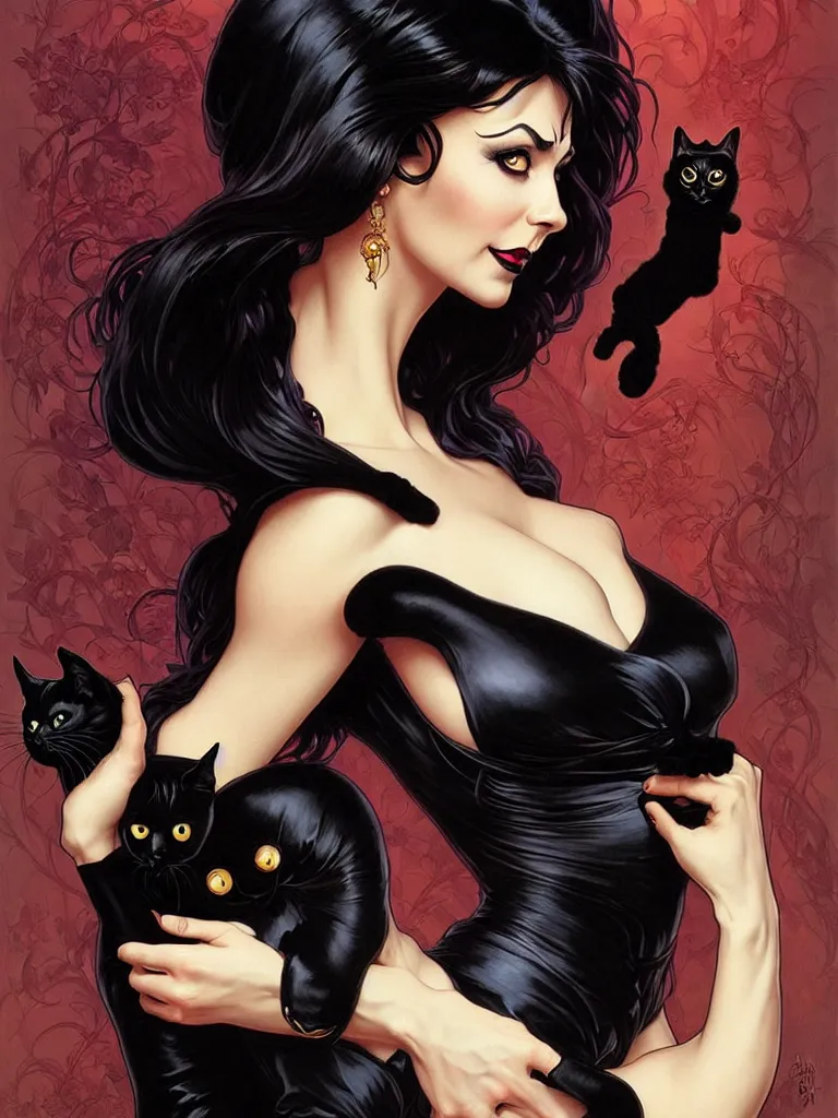 Prompt: an elegant Elvira Mistress of the Dark holding a black cat on her arms, portrait, intricate, elegant, highly detailed, digital painting, artstation, concept art, rough, sharp focus, illustration, art by artgerm and greg rutkowski and alphonse mucha and cris ortega and serge birault