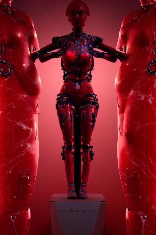 Prompt: a statue made of red marble, of an beautiful girl, full body shot, perfect body, red biomechanical, inflateble shapes, wearing epic bionic cyborg implants, masterpiece, intricate, biopunk futuristic wardrobe, vogue, highly detailed, artstation, concept art, background galaxy, cyberpunk, octane render