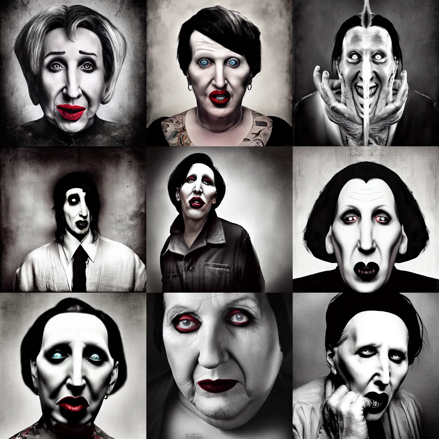 Prompt: portrait photograph of marilyn manson as mrs doubtfire by lee jeffries