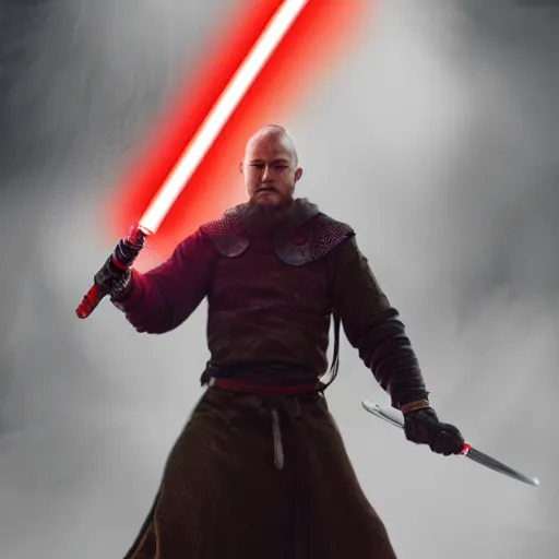 Prompt: Ragnar Lothbrok wielding a red lightsaber, by Lionel Royer, trending on artstation 4k.