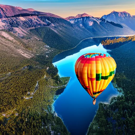 Image similar to Photo of a hot air balloon flying above a reflective mountain lake, beautiful, High resolution photo, intricate, portrait, 8k highly professionally detailed, HDR, CGsociety