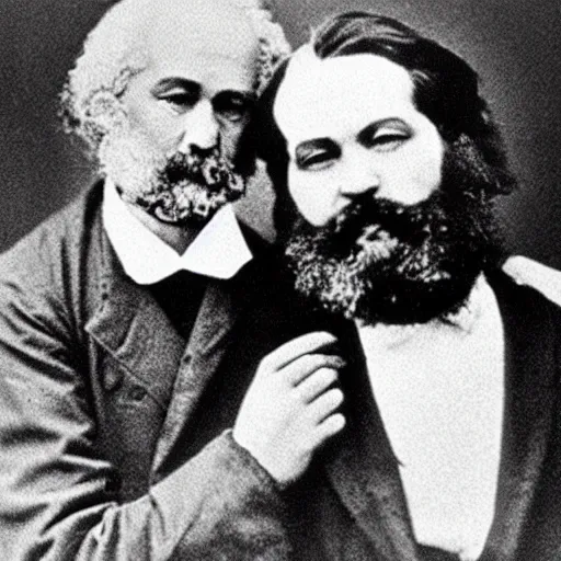 Image similar to Karl Marx and Ayn Rand hugging, photo, 1920