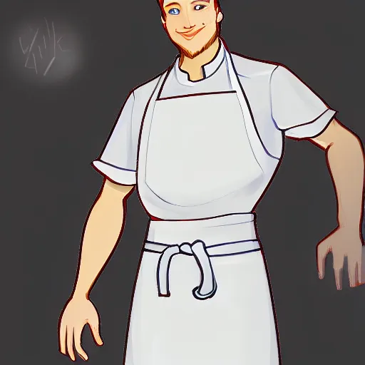 Prompt: young red headed man wearing a white chef\'s apron, full body, digital character art, trending on artstation