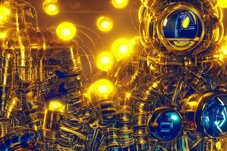 Prompt: photo of a huge golden and blue metal steampunk robot with gears and tubes, robot is sitting in an office behind a huge pile of dollars, eyes are glowing red lightbulbs, shiny crisp finish, 3 d render, 8 k, insaneley detailed, fluorescent colors, background is multicolored lasershow