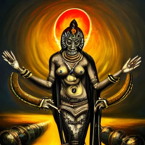 Image similar to beautiful painting of a sacrifice in honor of the goddess Kali Linux in the style of Welder Wings and H. R. Giger. Dark background, detailed, trending on Artstation