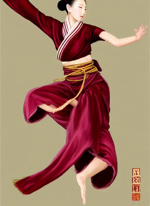 Image similar to full body portrait of a dancer throwing silk belts, feet, barefoot, full body, tanned, vivacious, extremely beautiful, hanfu, chinese ribbon dance, wide ribbons, silk belt, wuxia, martial arts, ming dynasty, detailed, realistic face, anatomically accurate, fantasy illustration, dnd, artstation, wlop.