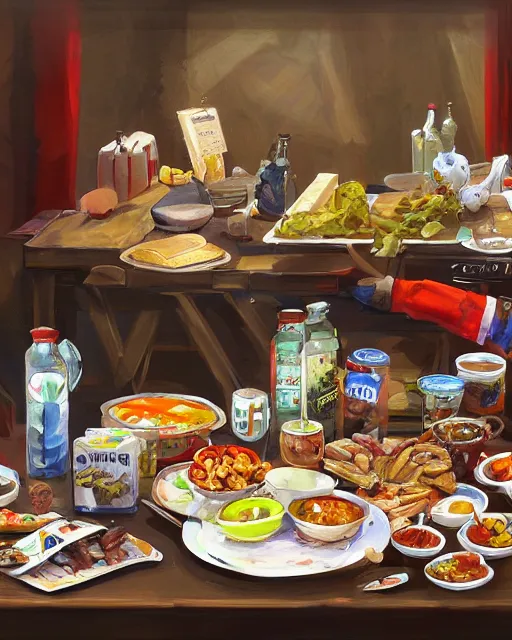 Image similar to a painting of a table full of british foods, concept art by taro yamamoto, pixiv contest winner, auto - destructive art, official art, concept art, pixiv