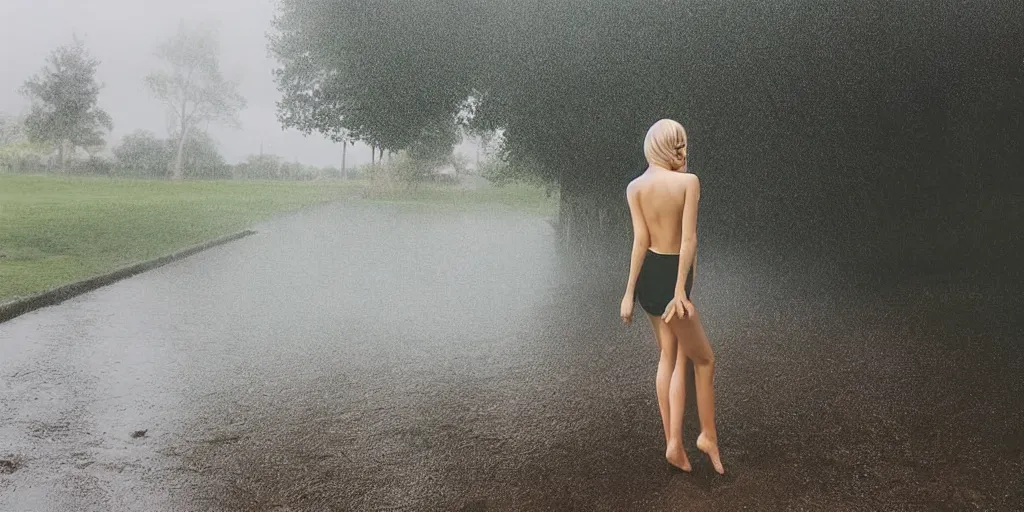 Prompt: a photo of a blonde woman wearing an elegant 2 piece in the rain, shot from far away, with harsh lighting. Photo, instagram, ultra detailed