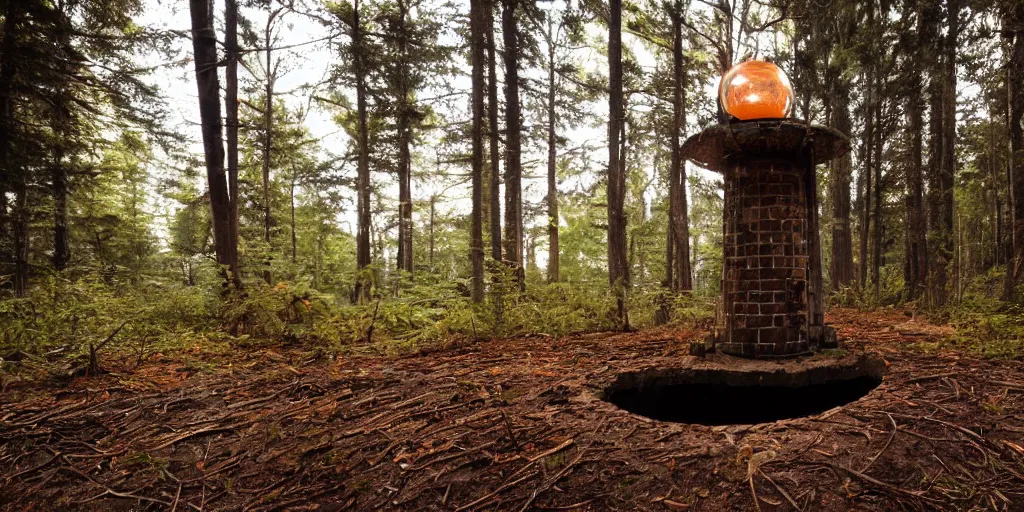 Image similar to a well with glowing orange light emanating from it in the middle of an abandoned forest in dnd