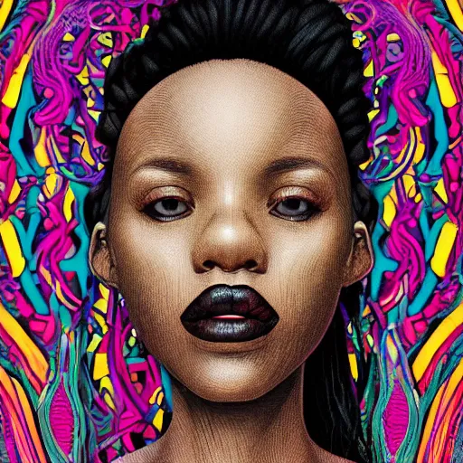 Image similar to the portrait of an incredibly cute and sophisticated black woman partially made of onions of all colors, an ultrafine detailed illustration by james jean, final fantasy, intricate linework, bright colors, behance contest winner, vanitas, angular, altermodern, unreal engine 5 highly rendered, global illumination, radiant light, detailed and intricate environment