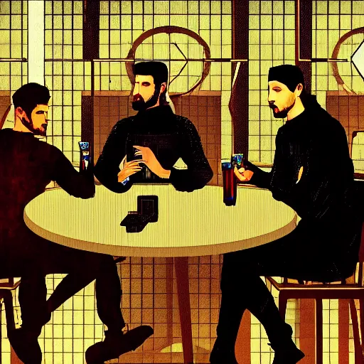 Image similar to detailed digital art of five male artists talking intelligently in a futuristic cyberpunk cafe while drinking beer in style of caravaggio, chiaroscuro, hieronymus bosch, tenebrism, blade runner, muted colors, 4 k