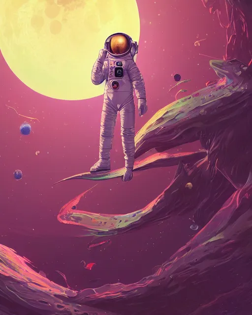 Image similar to wide shoot portrait of ethereal cosmonaut lie relaxed on a crescent moon between the stars and the planets in outer space, cosmonaut post grunge concept art,high detail,4k, trending on artstation by josan gonzalez, Yoshitaka Amano and tyler edlin