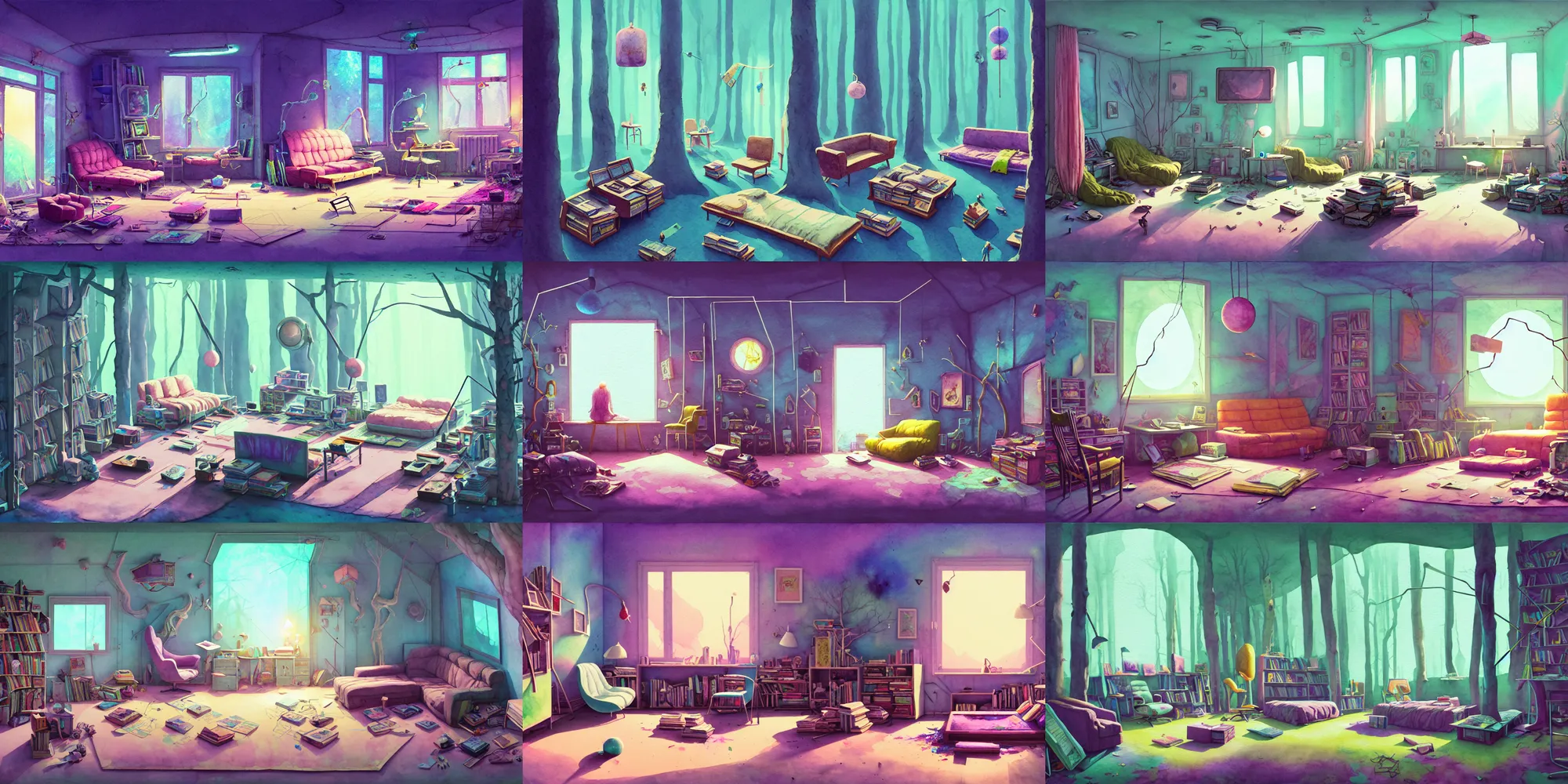 Prompt: surreal room in the trees, the room is messy and unorganized, bed is not made, trinkets and books everywhere, detailed, artstation, 8 k, sci - fi, pastel colors, props, panel, concept, simon stalenhag, in watercolor gouache detailed paintings, moebius, blueprint, building, living room, detailed, posters, sofa