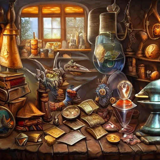 Image similar to hyper realistic, tony sart, table, wizards laboratory, mortar, pestle, scales, magic book, beaker, energy