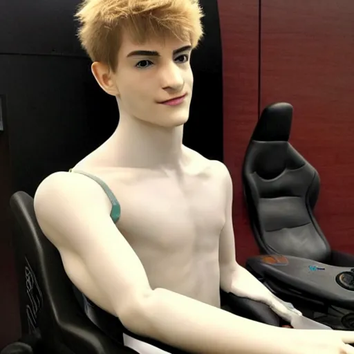 Image similar to “a realistic detailed photo of a guy who is an attractive humanoid who is half robot and half humanoid, who is a male android, twitch streamer Ninja Tyler Blevins, shiny skin, posing like a statue, blank stare, on a gaming chair streaming”