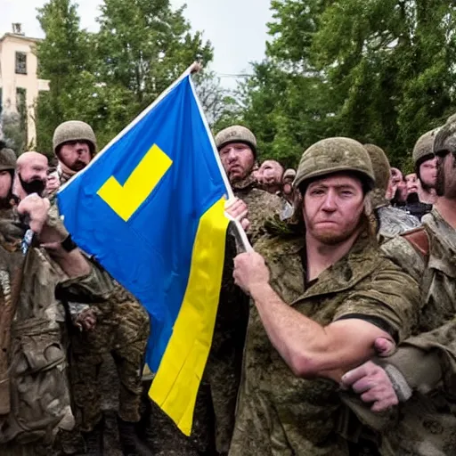 Image similar to Joe Biden fights in the azov battalion in the Ukraine War holding a ukrainian flag