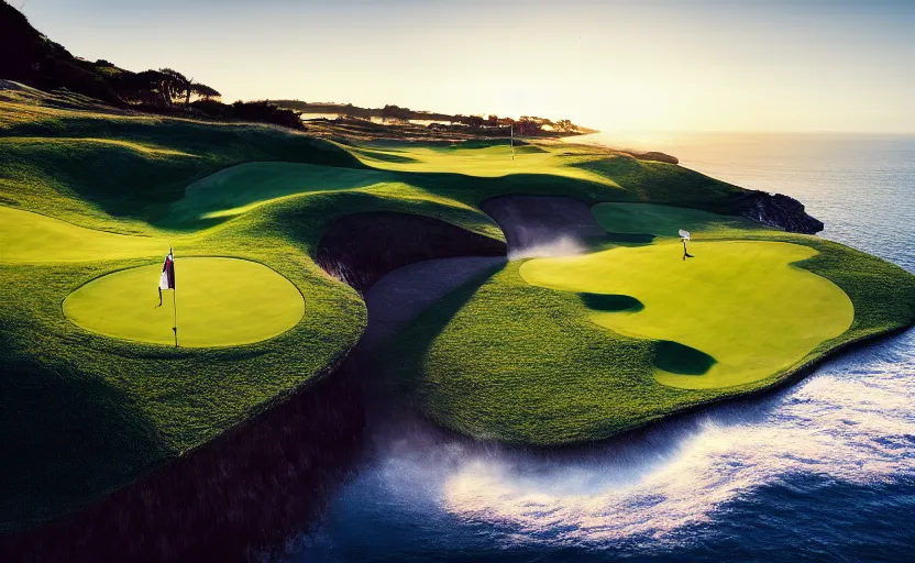 Image similar to a great photograph of the most amazing golf hole in the world, incredible light, cliffs by the sea, perfect green fairway, human perspective, ambient light, 5 0 mm, golf digest, top 1 0 0, fog