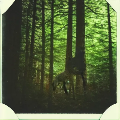 Prompt: polaroid of cryptid in the woods, blurry