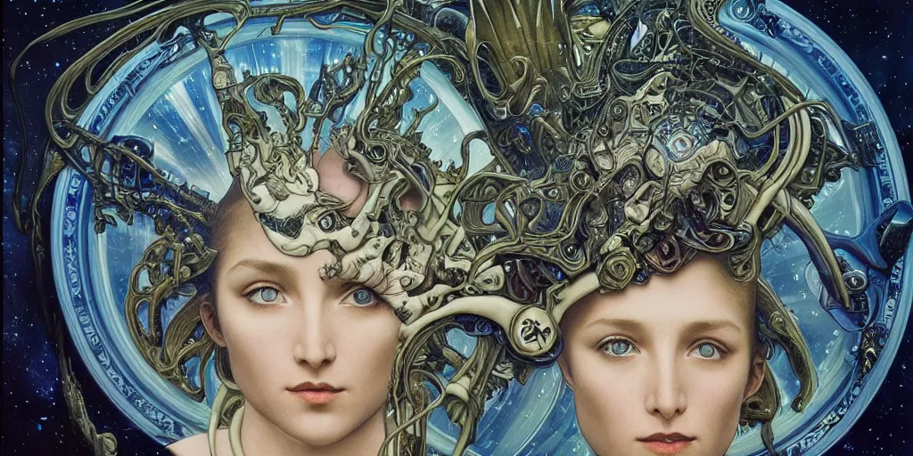 Prompt: portrait of alien made with porcelain by Jeff Easley and Peter Elson + beautiful eyes, beautiful face + symmetry face + border and embellishments inspiried by alphonse mucha, fractals in the background, galaxy + baroque, gothic, surreal + highly detailed, intricate complexity, epic composition, magical atmosphere + masterpiece, award winning + trending on artstation