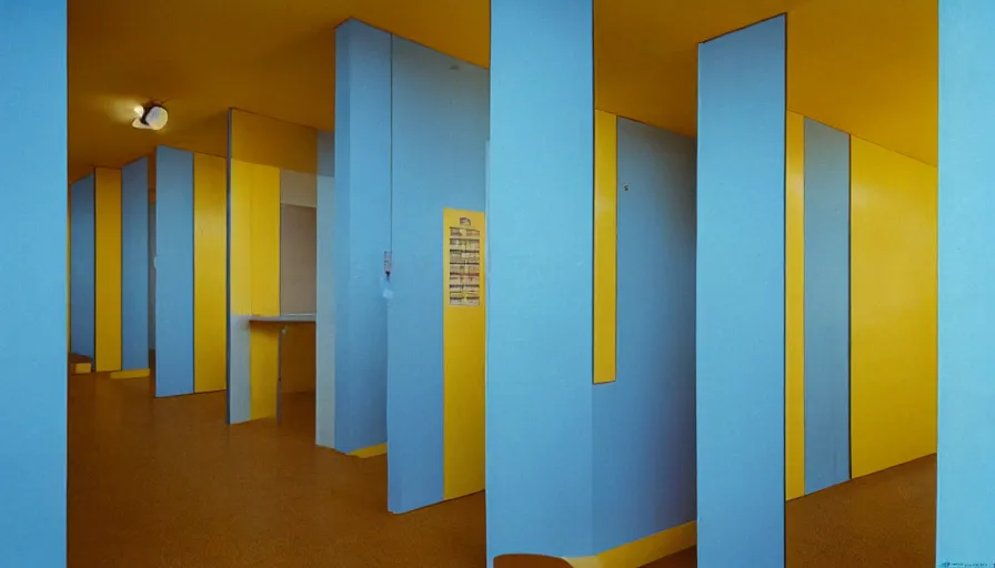 Prompt: 60s movie still of an empty sauna corridor fade yellow light and light blue tiles floor, cinestill 800t 50mm eastmancolor, liminal Space style, heavy grain