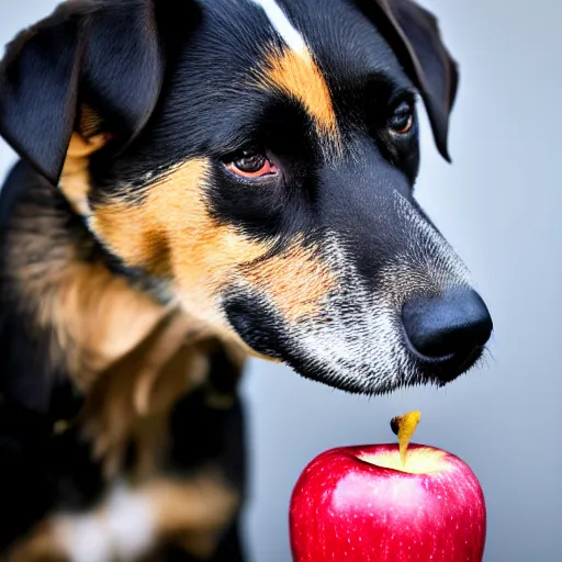 Prompt: a dog holding an apple in its mouth, 8 k, 4 k, professional photography, award winning photo