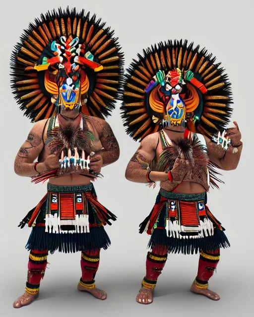 Prompt: Danza Azteca dancers, studio lighting, white background, blender, trending on artstation, 8k, highly detailed