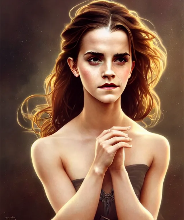 Prompt: Emma watson elegant dancer woman portrait, sci-fi, amber eyes, face, long hair, fantasy, intricate, elegant, highly detailed, digital painting, artstation, concept art, smooth, sharp focus, illustration, art by artgerm and greg rutkowski and alphonse mucha