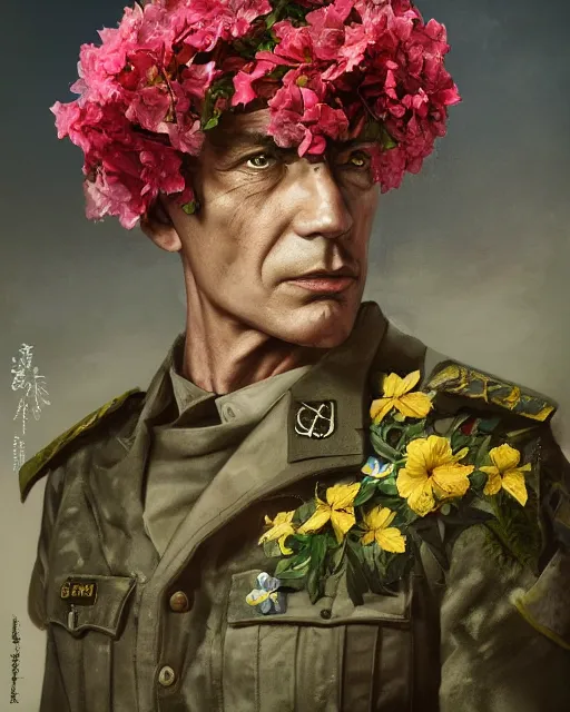 Image similar to a beautiful portrait photo of a military general man, looking angry, covered by hibiscus, daffodils, hydrangea, montsera leaves by tom bagshaw and zach sutton, very detailed, artstation, 8 k