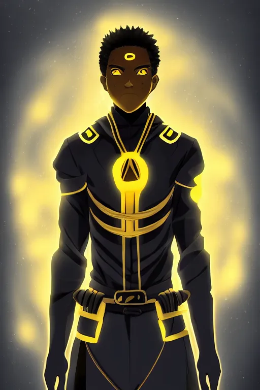 Prompt: glowing black male anime character, short golden hair, yellow eyes, symmetrical, highly detailed, digital art, sharp focus, trending on art station, samurai, electricity superpowers, anime art style