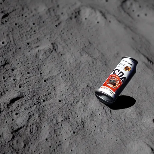 Prompt: a closeup photo of a beer can on the moon. a closeup photo of a headstock of a guitar