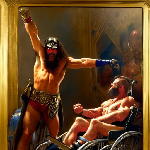 Prompt: macho man randy savage ring gear is in his bed, nervous and terrified, because lex lugar in a wheel chair is attacking him. highly detailed painting by gaston bussiere, j. c. leyendecker, greg rutkowski, craig mullins 8 k