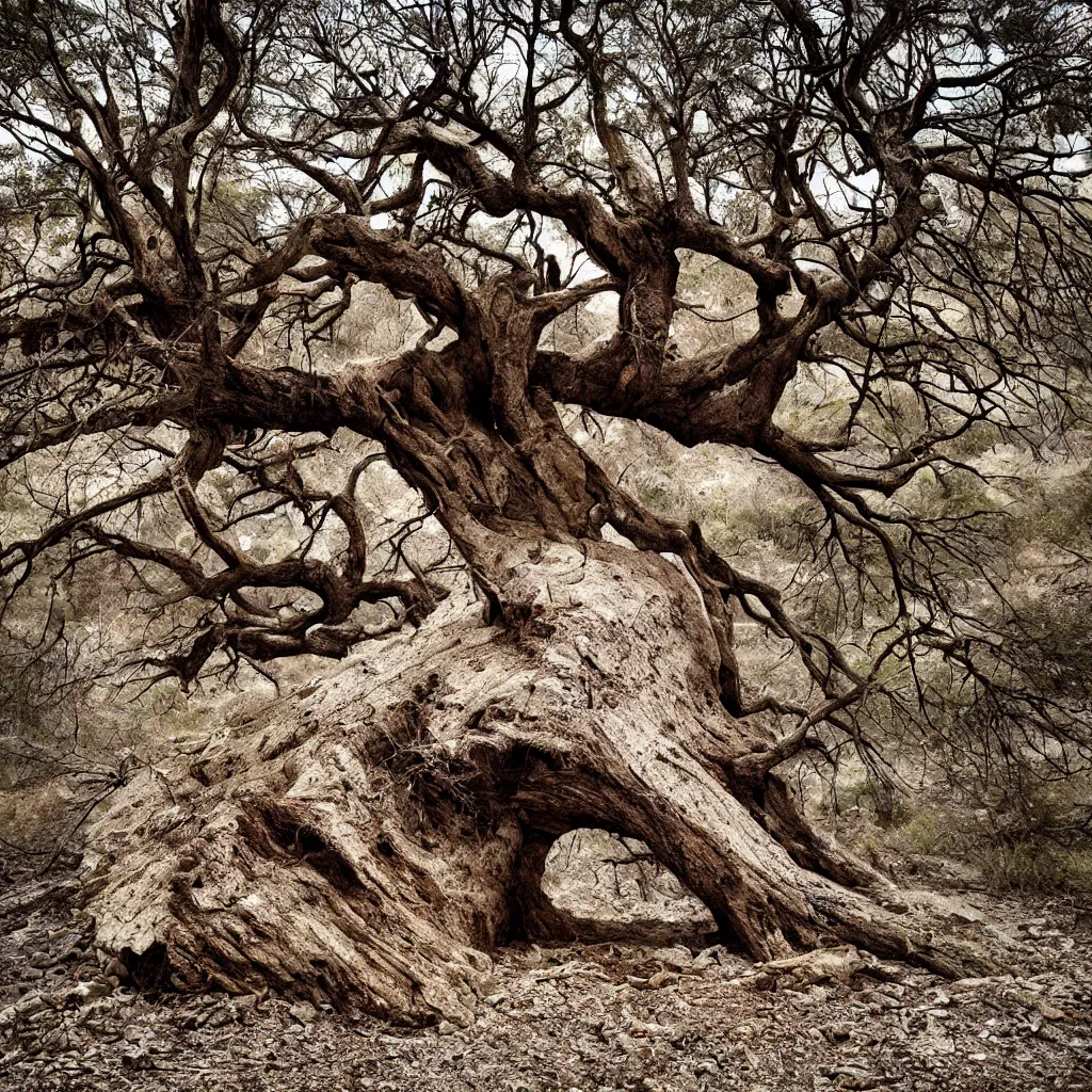 Image similar to a dry and dead huge tree in a forest and eroded stones, dust, wind, dirt, advertising photography